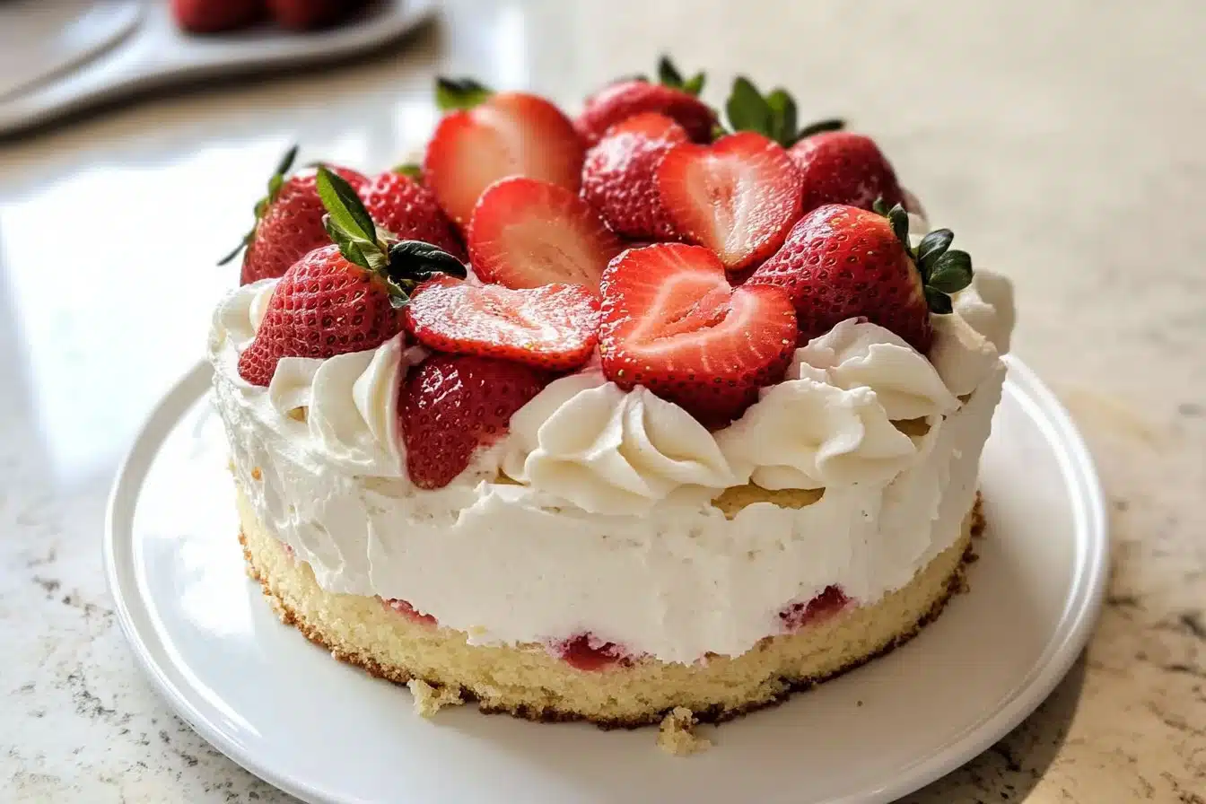 One layer strawberry shortcake cake topped with fresh strawberries and whipped cream.