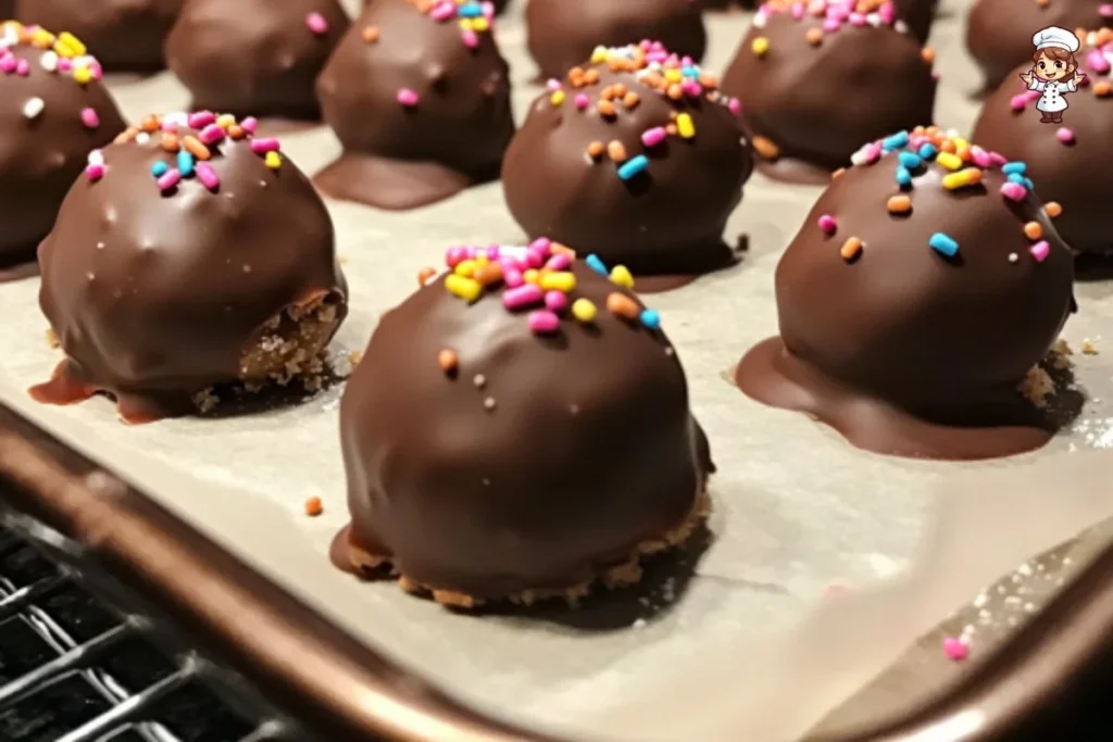 Delicious Peanut Butter Balls truffles on a plate, drizzled with chocolate.