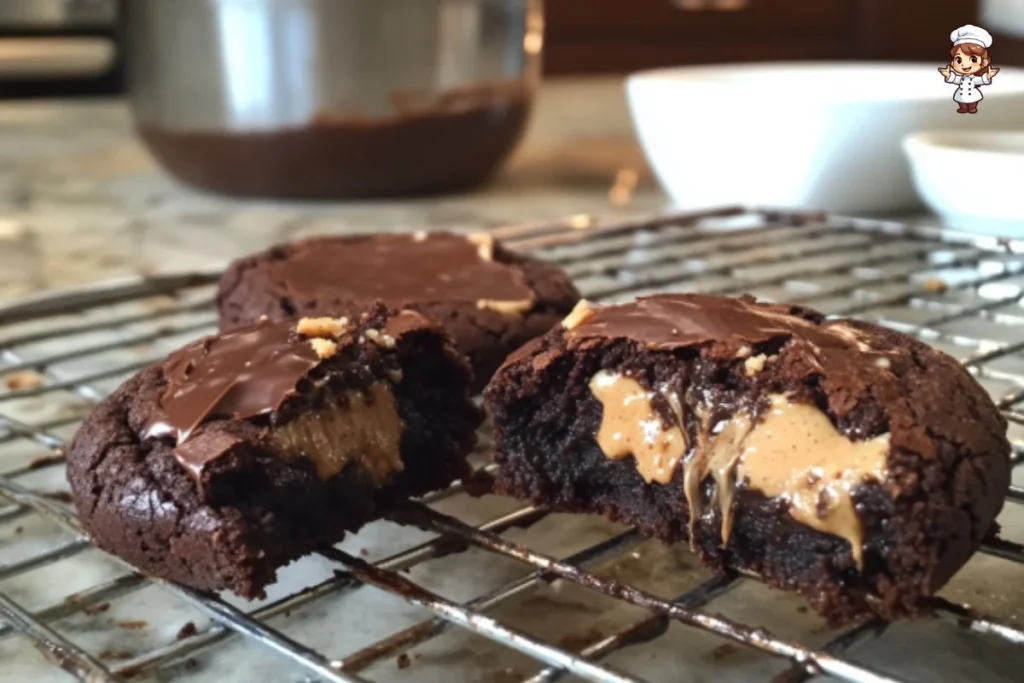 Peanut butter filled brownie cookies stacked on a plate