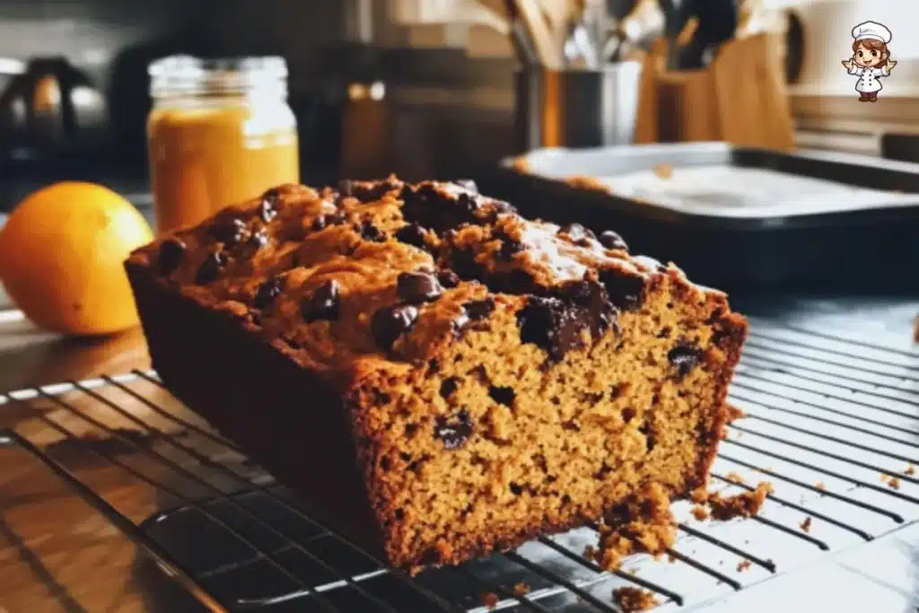 Freshly baked pumpkin bread with spices and nut topping.