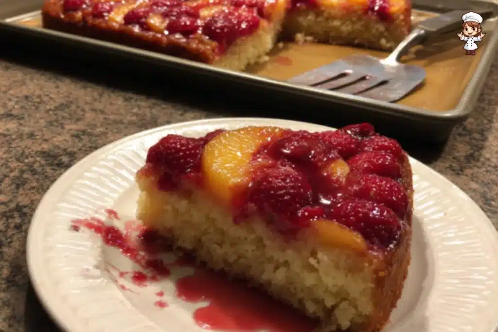 Raspberry Peach Upside-Down Cake topped with fresh fruit and caramel glaze