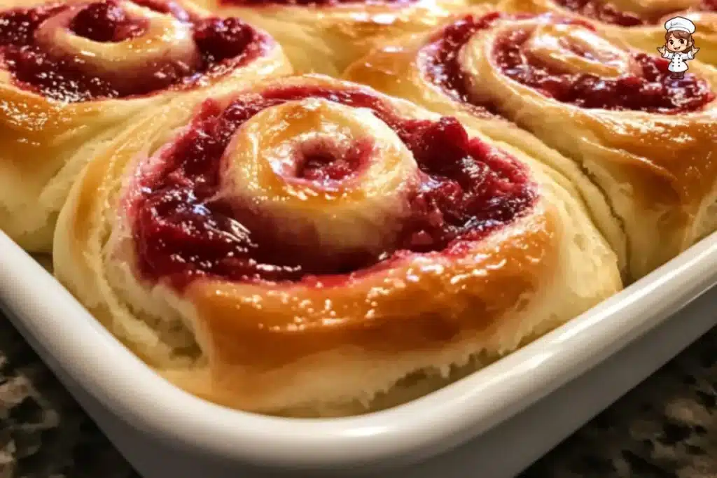 Raspberry swirl sweet rolls with icing on a plate