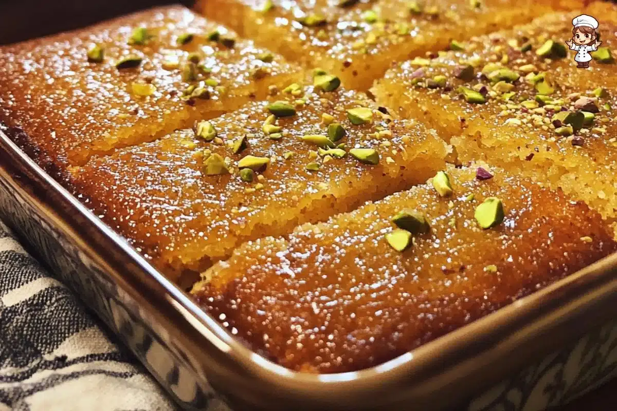 Delicious Semolina Pistachio Cake with Orange Blossom Syrup served on a plate