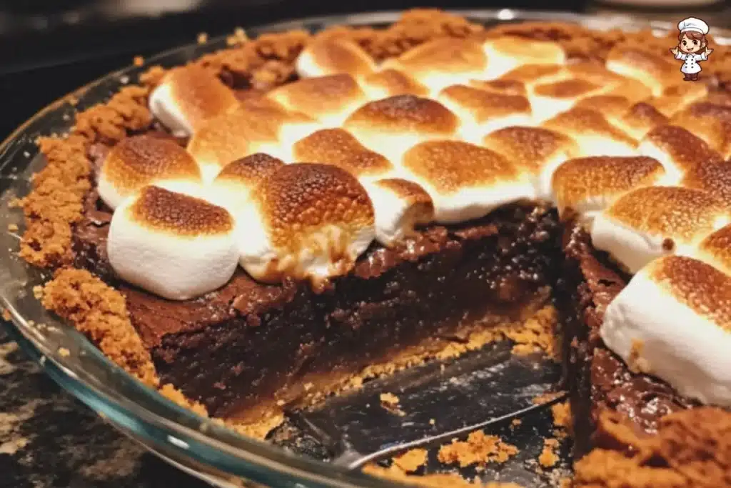Delicious S’mores Brownie Pie featuring layers of chocolate, marshmallows, and graham crackers.
