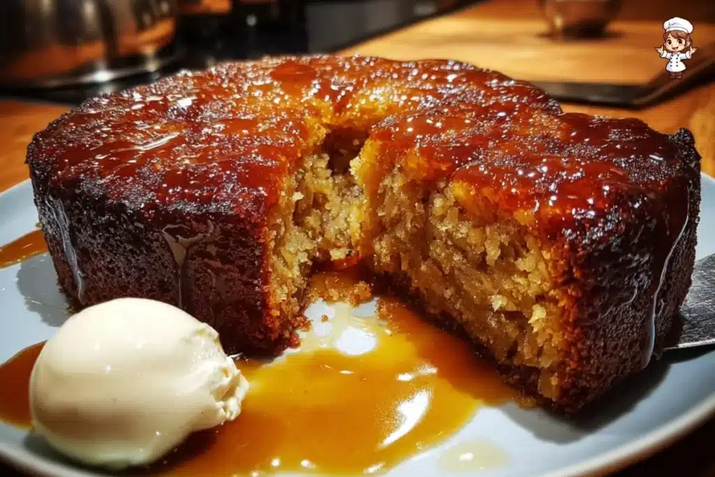 Delicious sticky pear and ginger cake topped with fresh pears and ginger