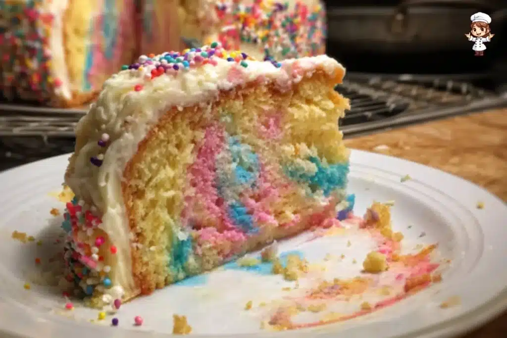 Colorful Tie-Dye Cake displayed on a dessert table.