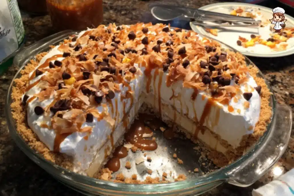 Toasted Coconut Caramel Cream Cheese Pie with coconut flakes and caramel drizzle