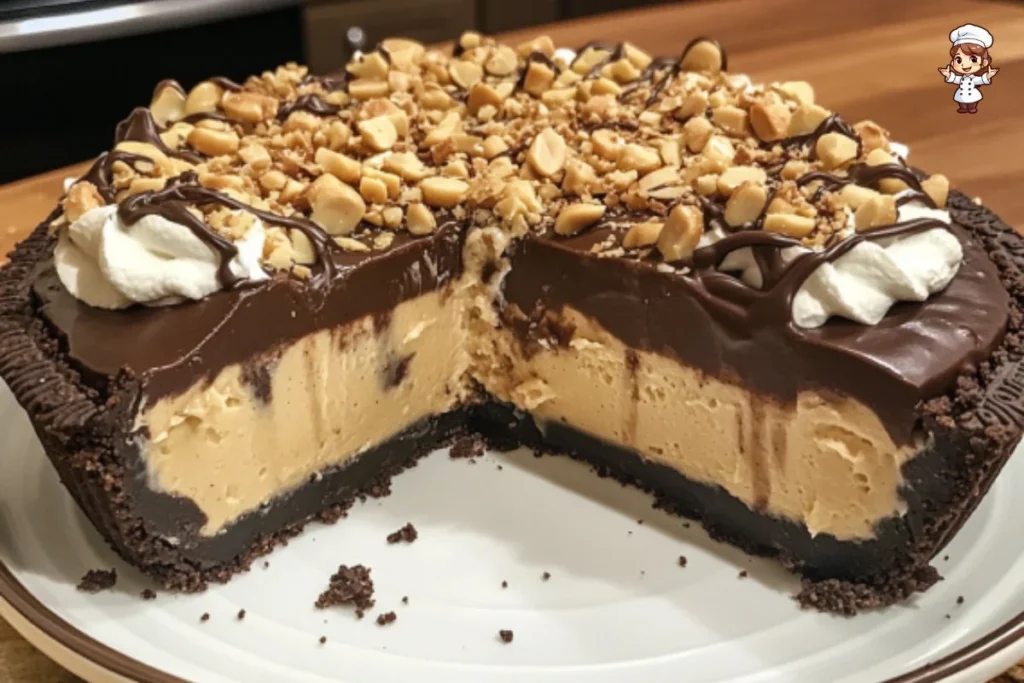 Delicious slice of unbelievable peanut butter pie topped with whipped cream