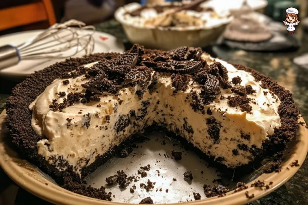 Delicious Cookies & Cream Pie topped with chocolate cookies and cream.