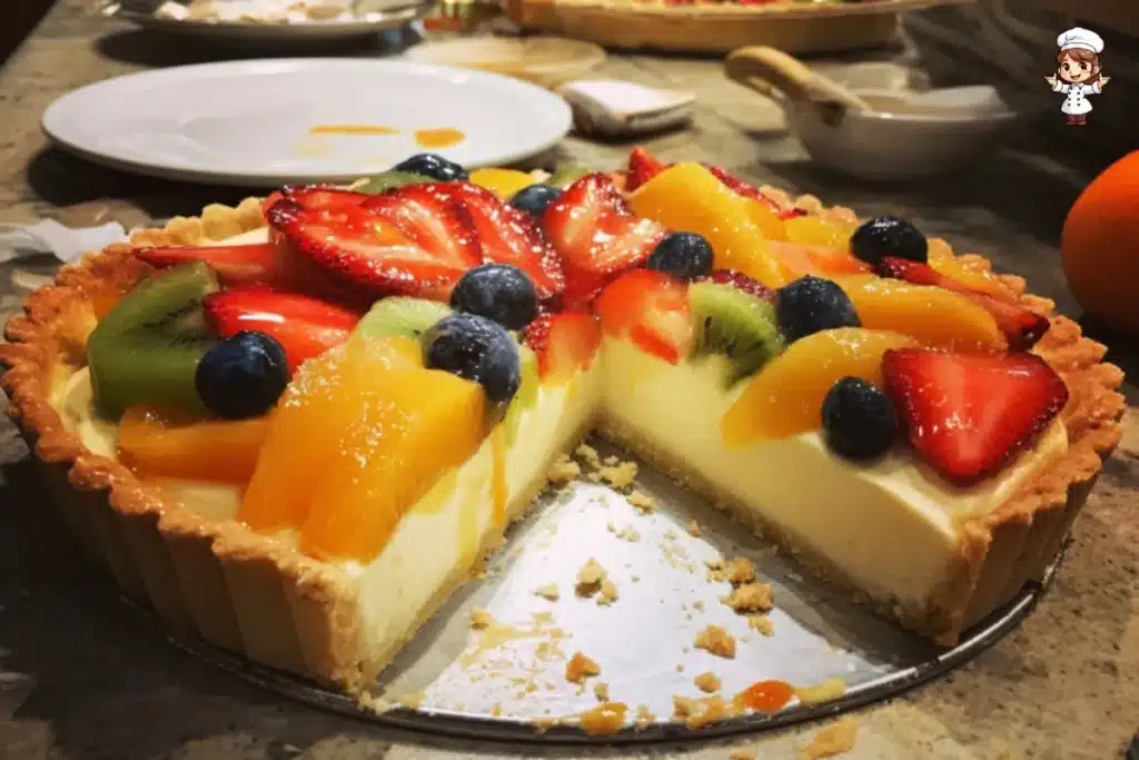 Fresh fruit tart with vanilla mascarpone cream on a white plate