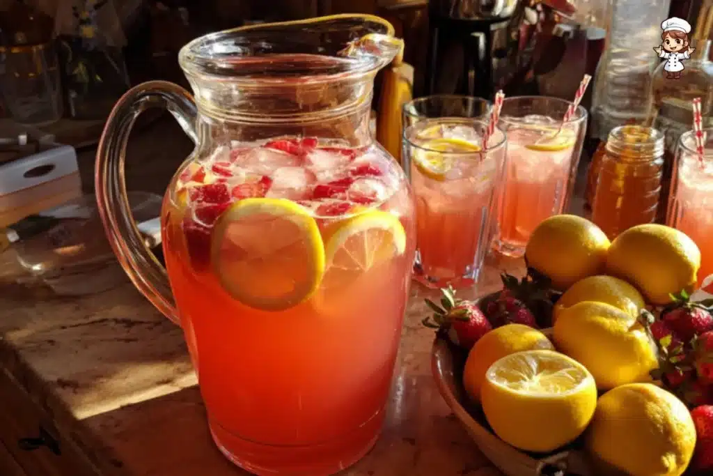 A refreshing glass of honey sweetened strawberry lemonade with fresh strawberries and lemons