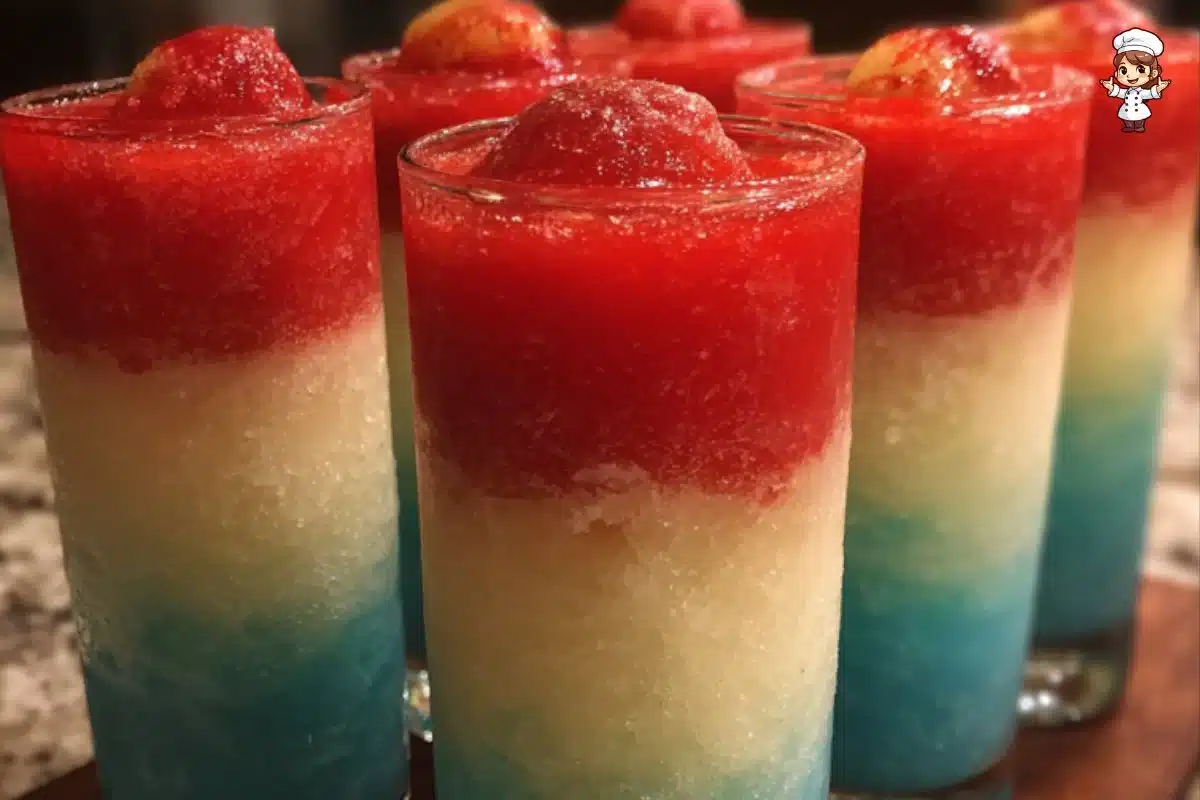 Colorful layered tequila slushie with fruity flavors and garnish.