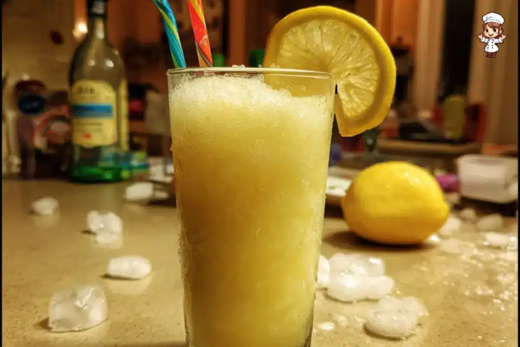 Delicious lemon slush in a clear glass garnished with a lemon slice