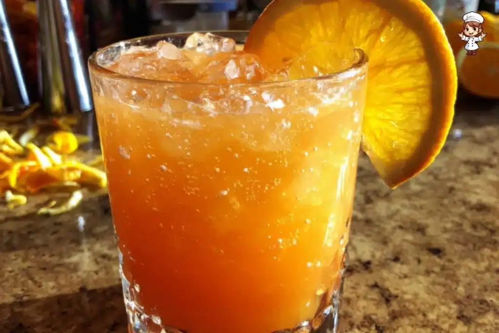 Refreshing Orange Crush cocktail served in a glass with ice and garnished with an orange slice.