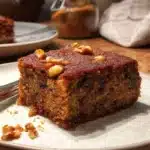 Delicious spice cake with dates and walnuts served on a dessert plate
