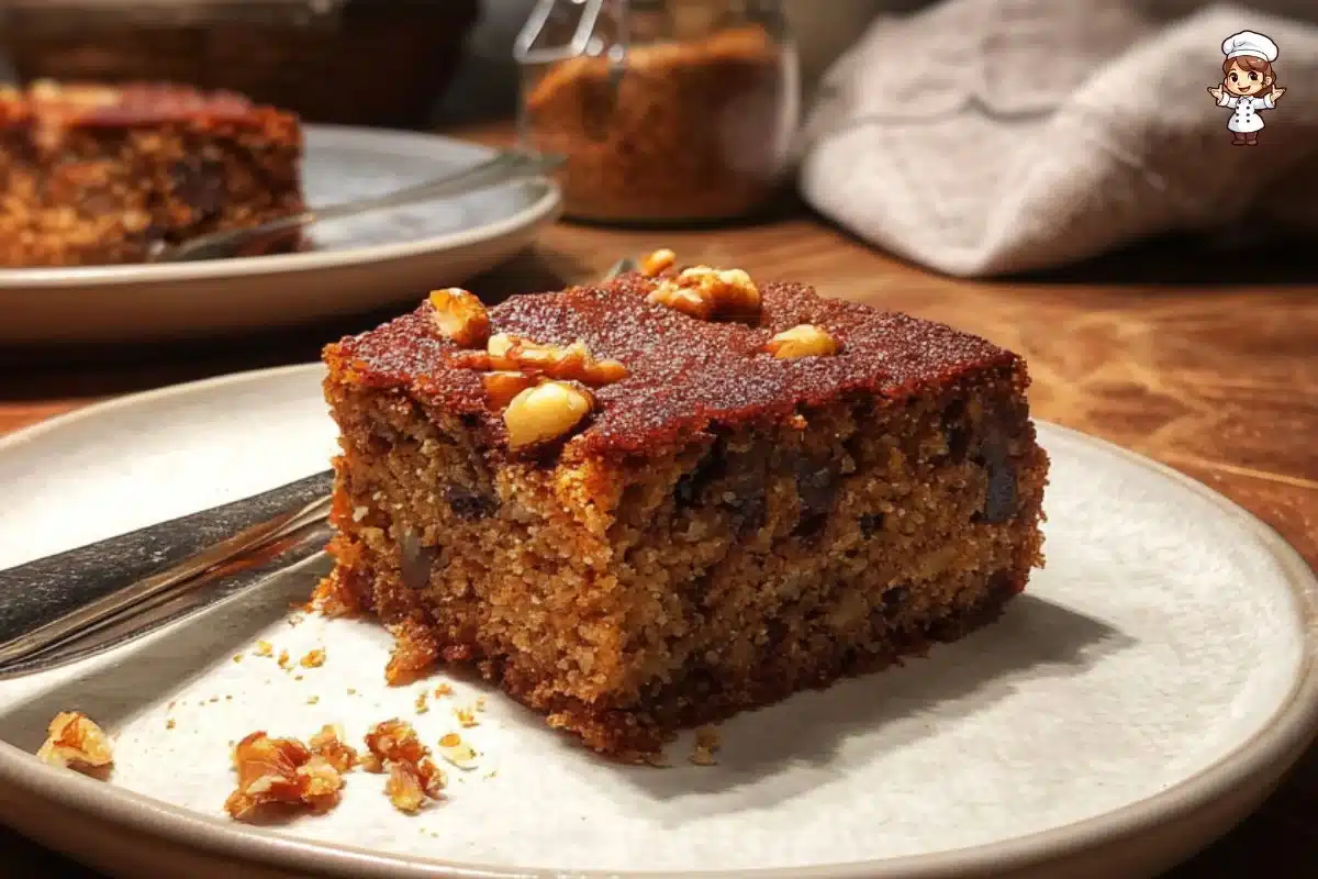 Delicious spice cake with dates and walnuts served on a dessert plate