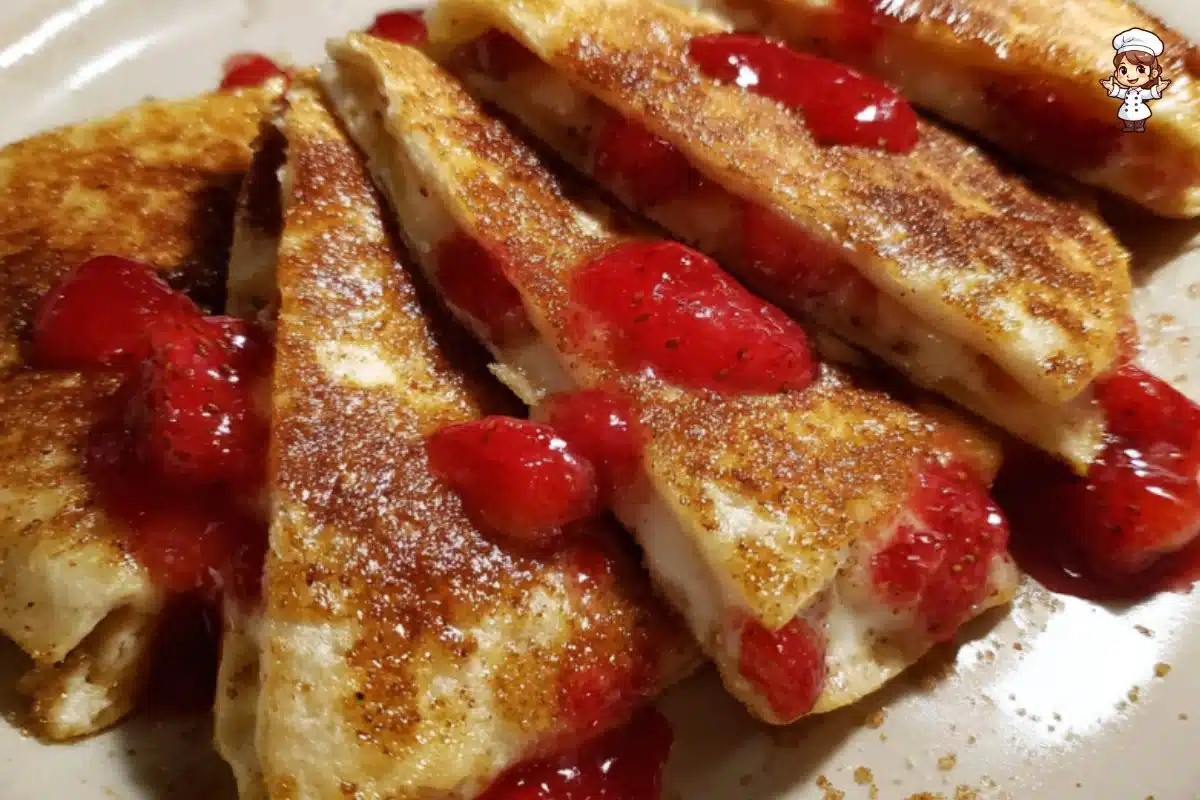 Strawberry cheesecake quesadilla with fresh strawberries and melted cheesecake filling