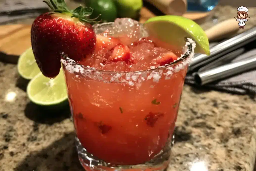Strawberry Mezcal cocktail garnished with fresh strawberries and herbs.