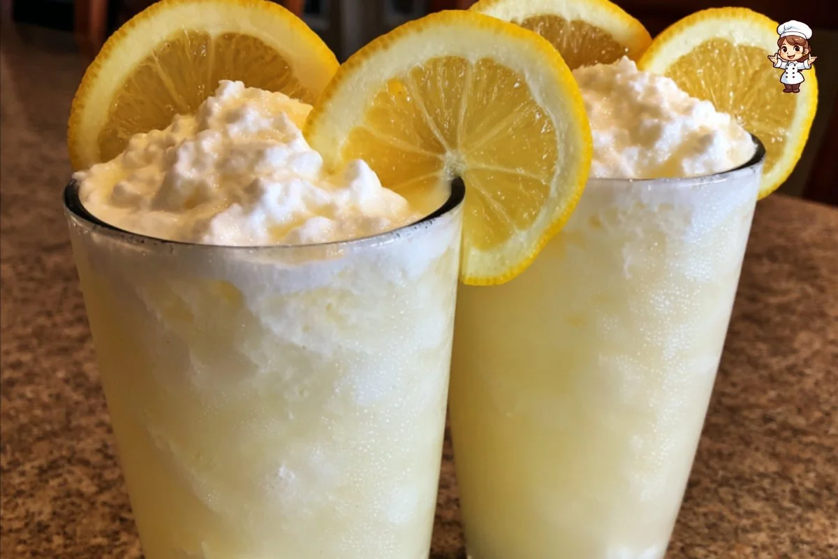 A refreshing glass of whipped lemonade topped with cream and lemon slices.