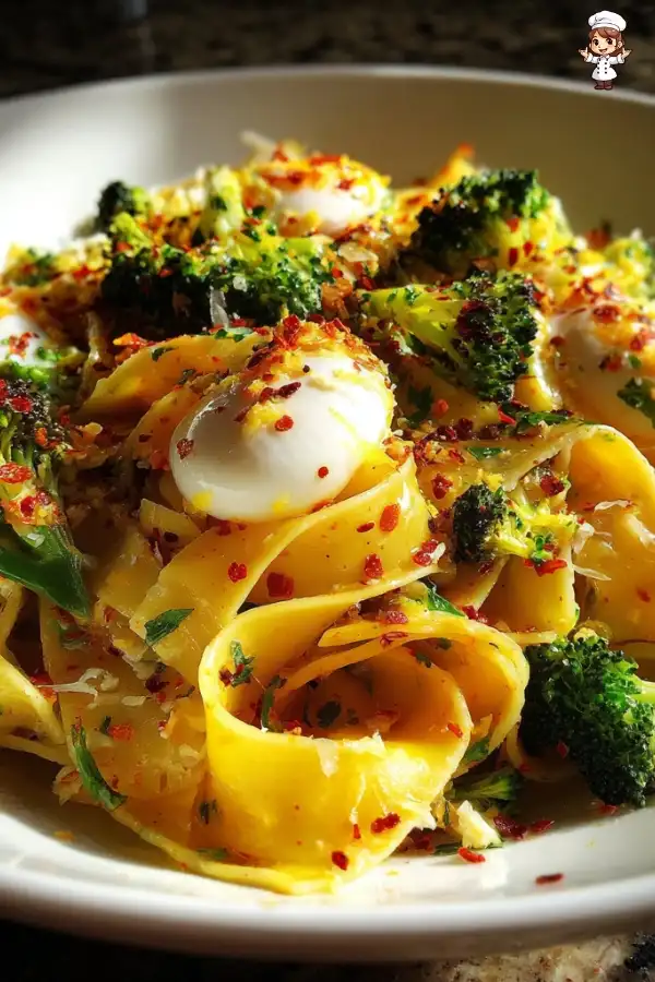 Chili Garlic Pappardelle with Broccoli and Soft Eggs