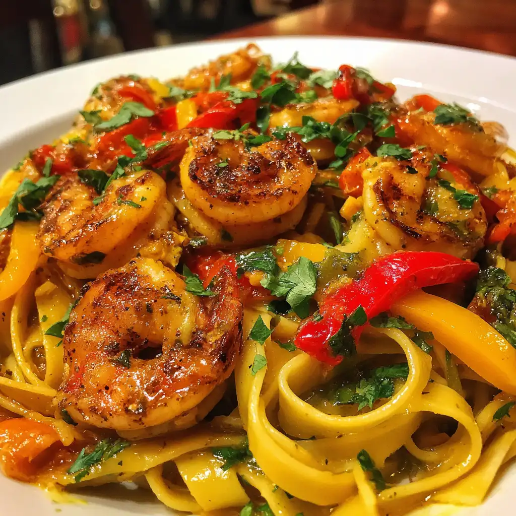 Creamy Jamaican shrimp rasta pasta