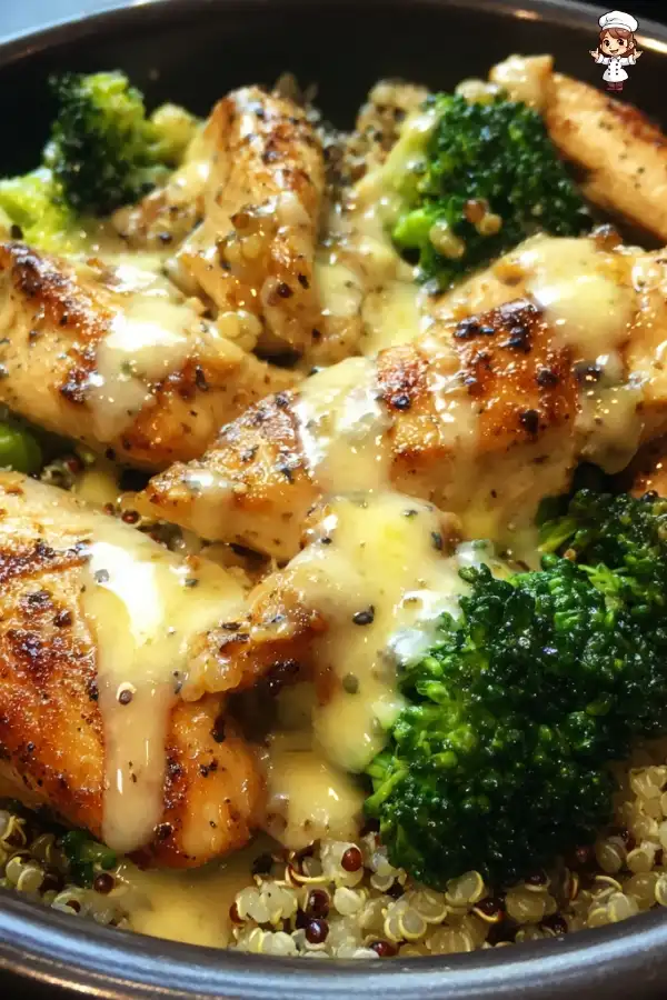 Grilled chicken broccoli bowls with creamy garlic sauce are irresistible!
