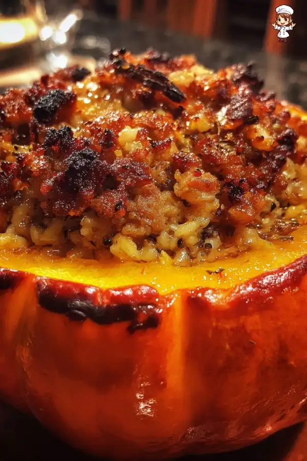 Pumpkin stuffed with wild rice and sausage