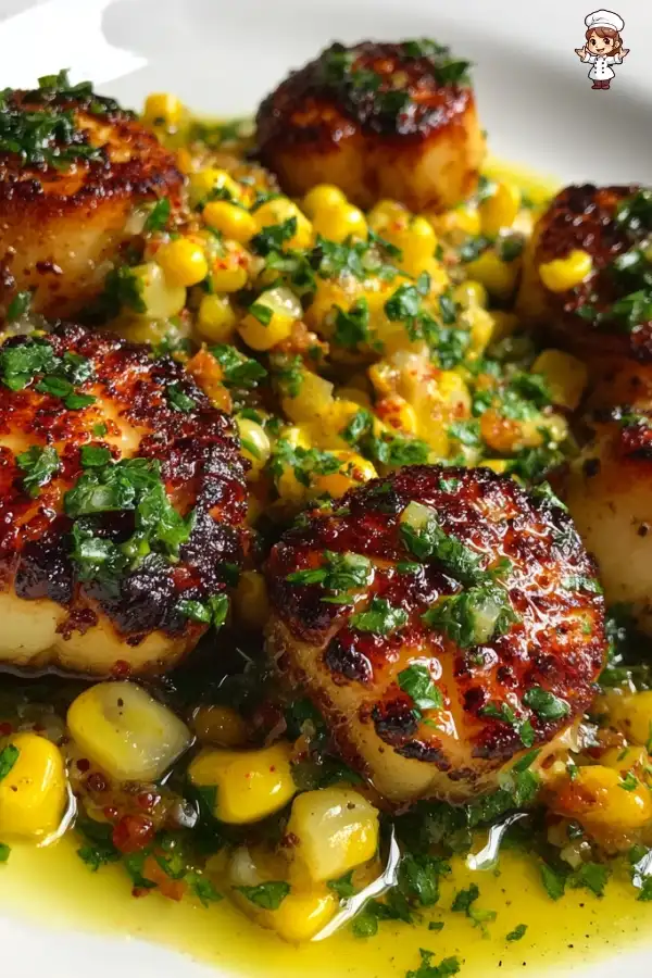 Scallops with corn chimichurri
