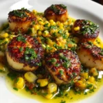 Scallops with corn chimichurri