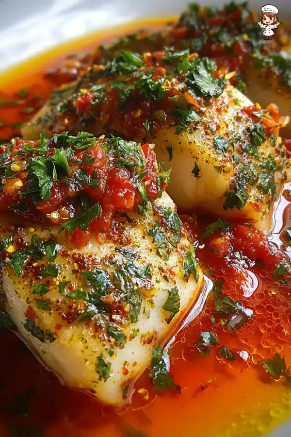 Tomato poached fish with chili oil