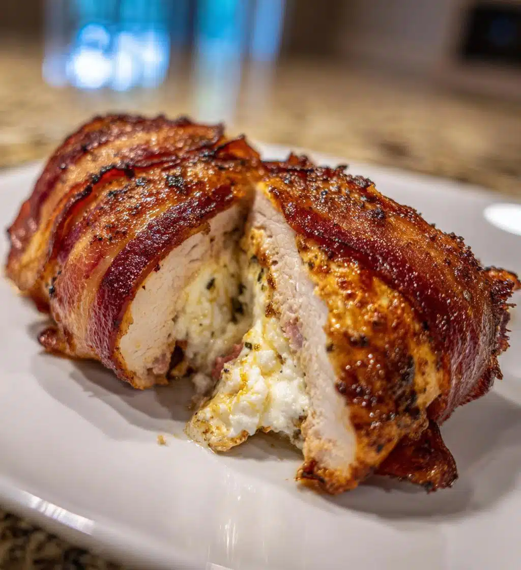 bacon wrapped cream cheese stuffed chicken breast - detail 1