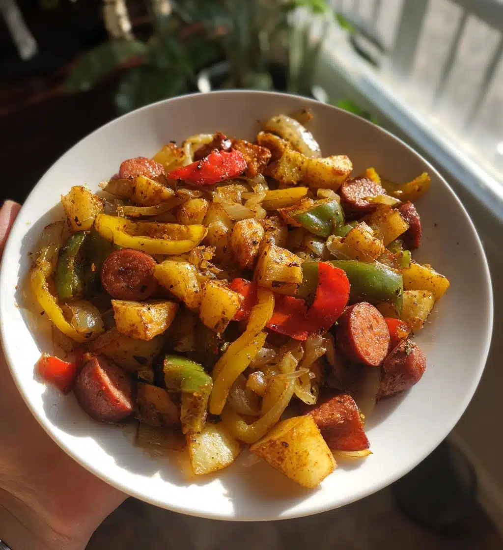 fried potatoes and onions peppers with smoked sausage - detail 1