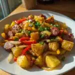fried potatoes and onions peppers with smoked sausage