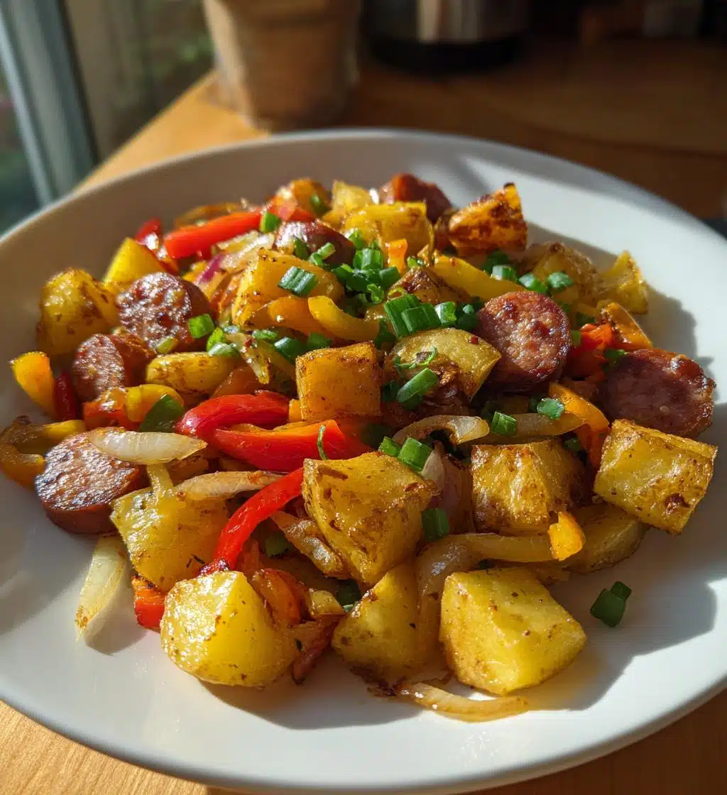 fried potatoes and onions peppers with smoked sausage