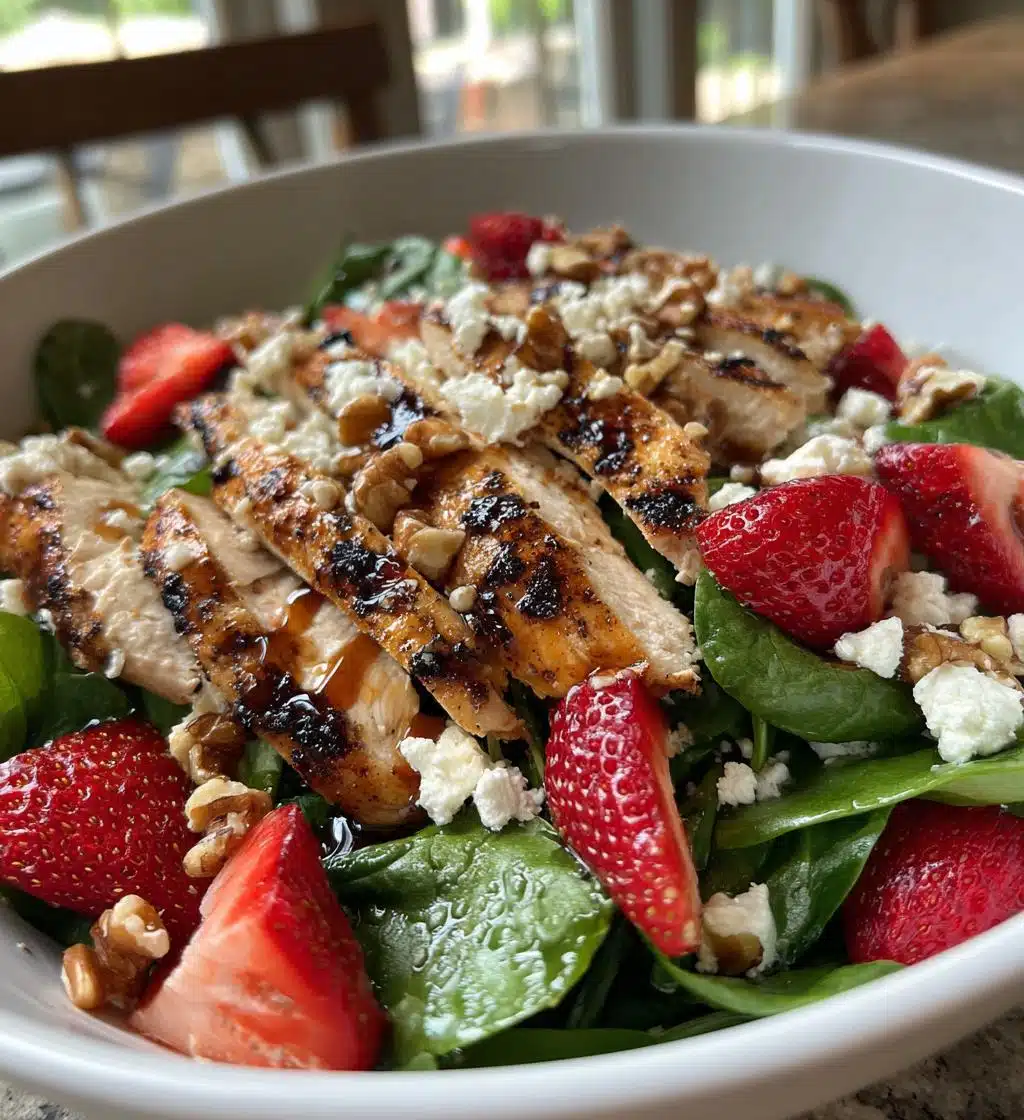 grilled chicken salad with strawberries and spinach - detail 1