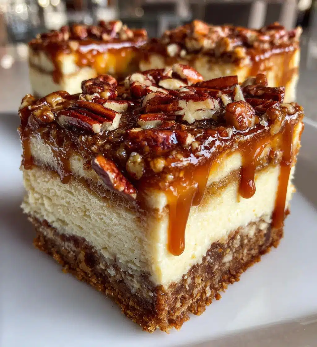 praline crumb caramel cheesecake bars - detail 1