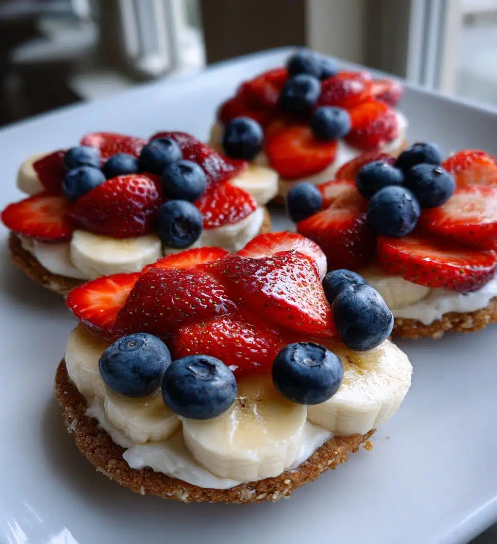 red white and blue mini fruit pizzas