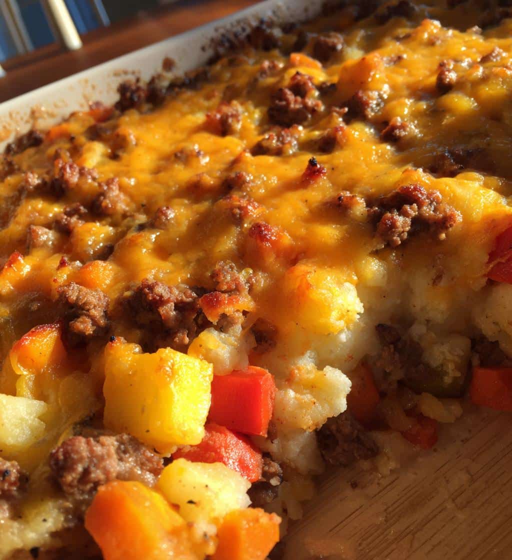 amish hamburger with fall veggies bake