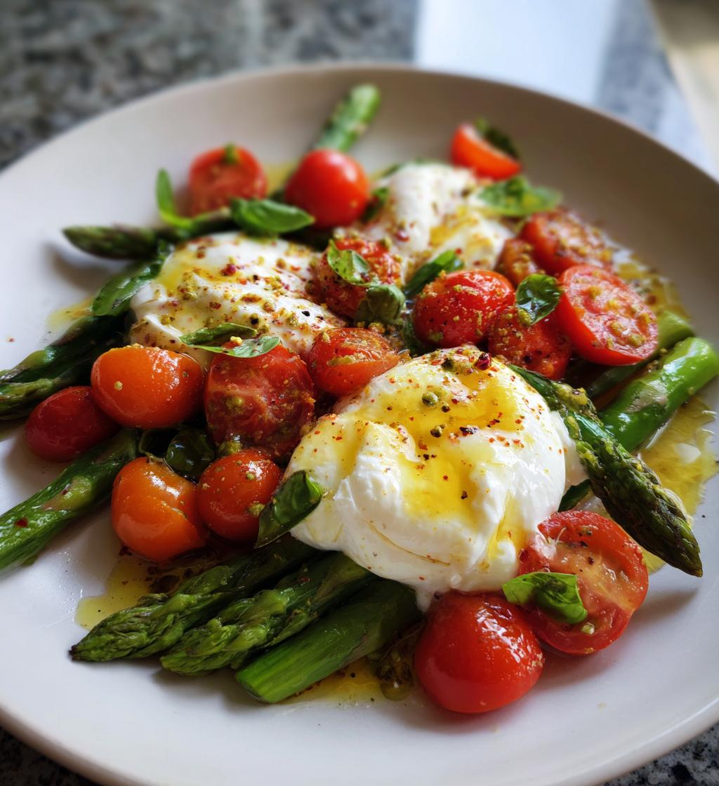 asparagus tomato salad with burrata cheese - detail 1