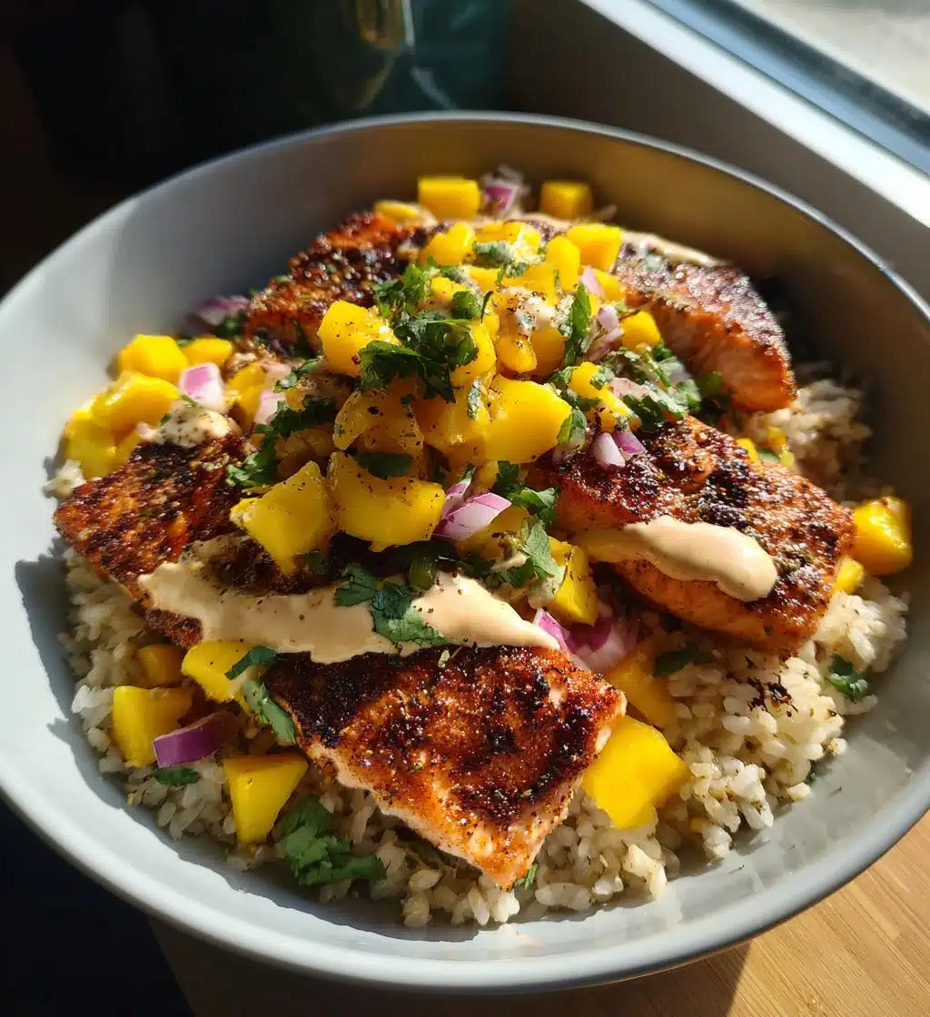 blackened salmon bowl with mango salsa chipotle crema - detail 1