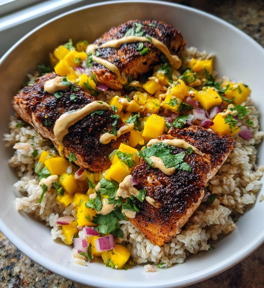 blackened salmon bowl with mango salsa chipotle crema