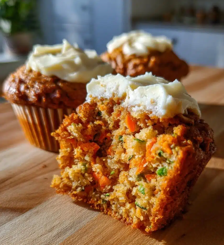 carrot apple zucchini muffins with cream cheese frosting