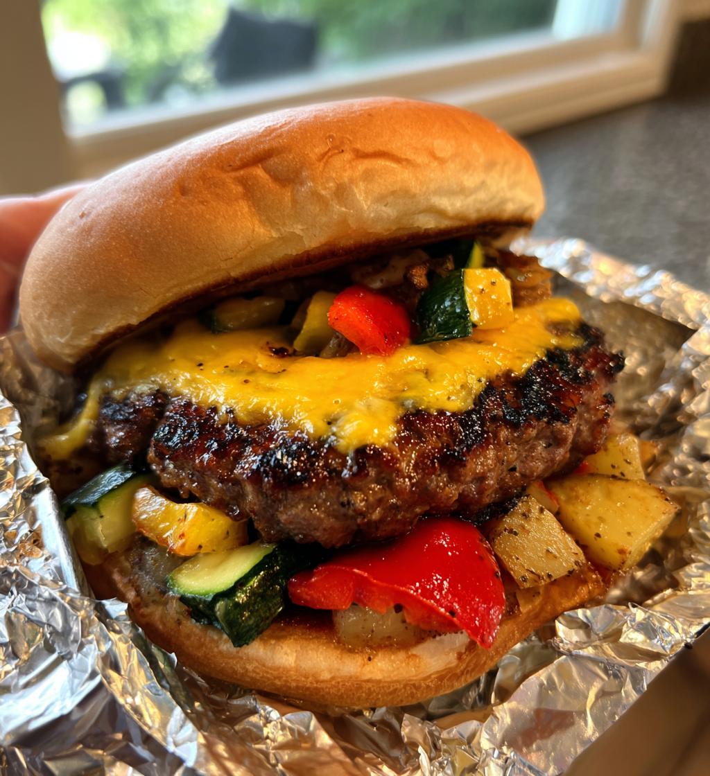 cheeseburgers in foil with veggies and potatoes - detail 1