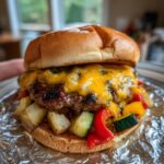 cheeseburgers in foil with veggies and potatoes