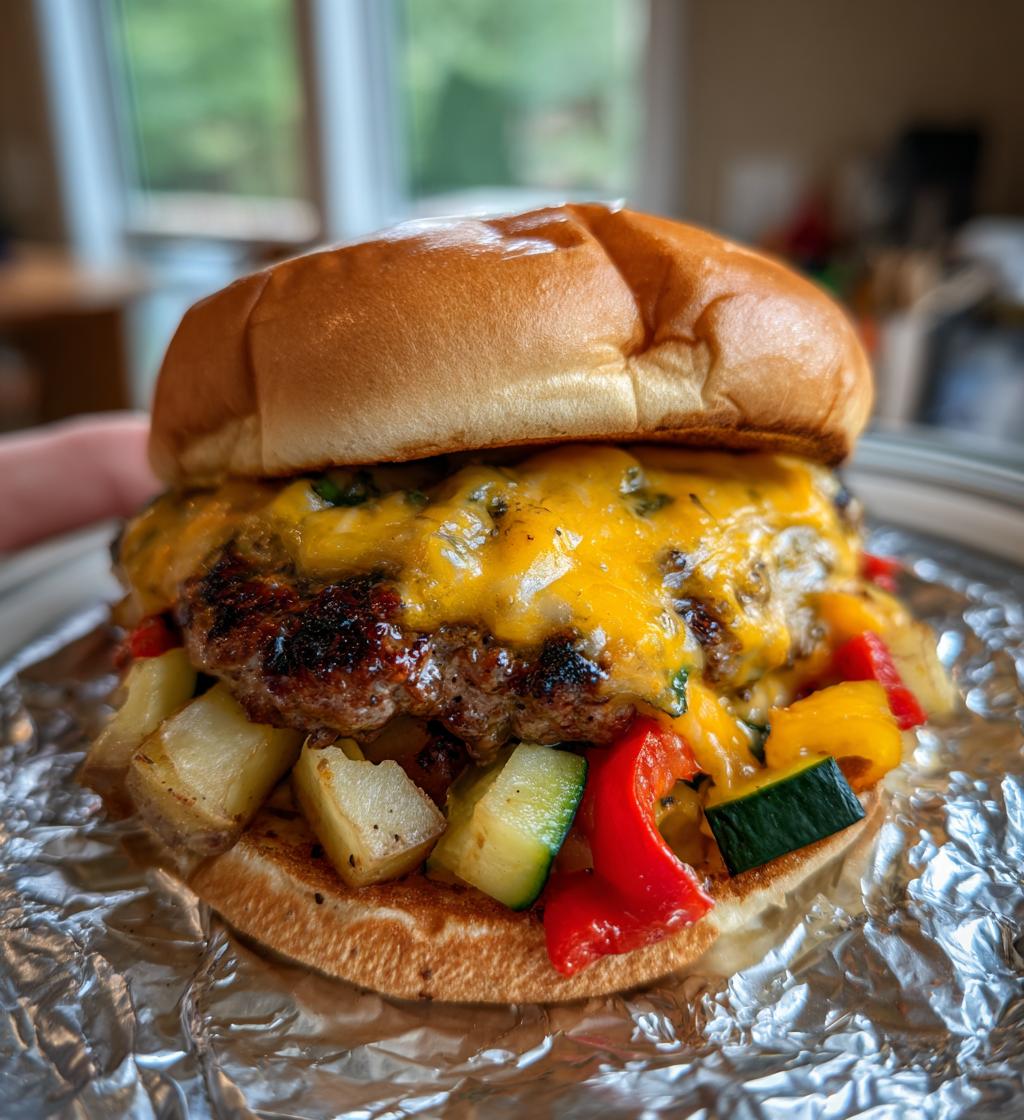 cheeseburgers in foil with veggies and potatoes