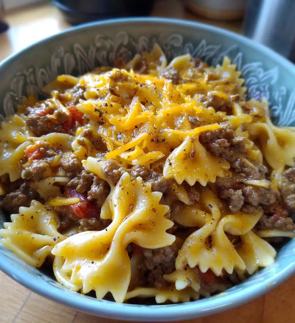 cheesy beef and bowtie pasta in garlic butter - detail 1