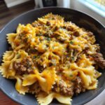 cheesy beef and bowtie pasta in garlic butter