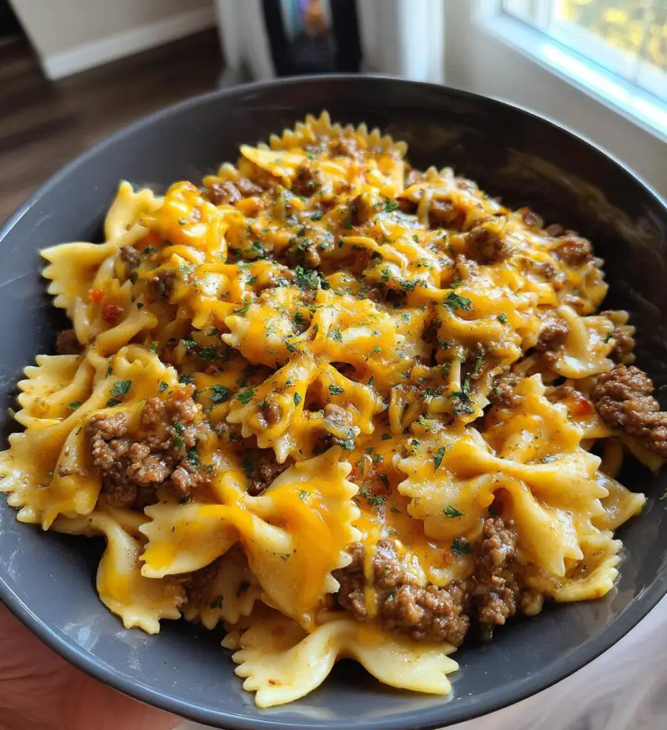 cheesy beef and bowtie pasta in garlic butter