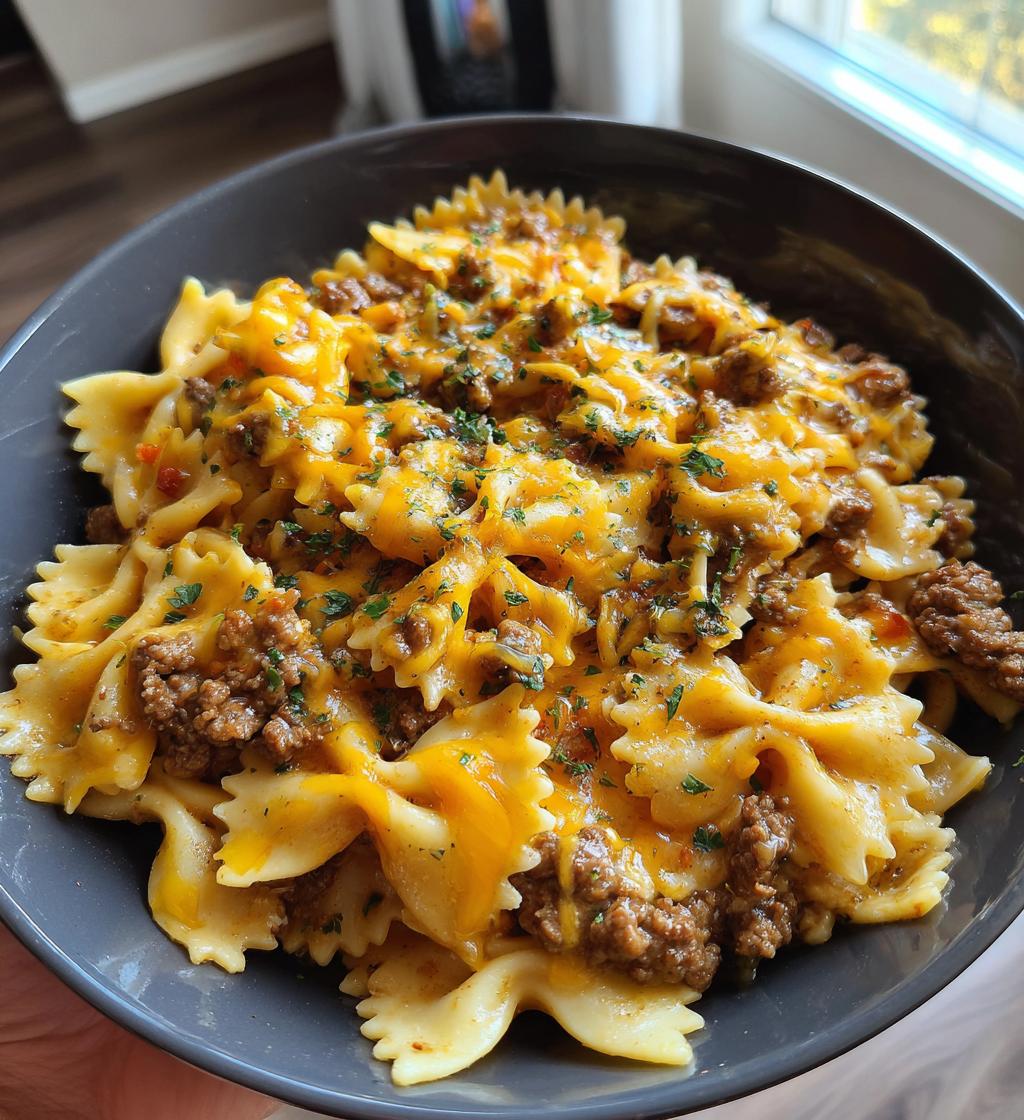 cheesy beef and bowtie pasta in garlic butter