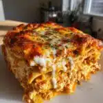 cheesy buffalo chicken lasagna with ranch drizzle